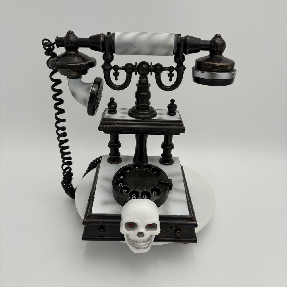 Gemmy Halloween Talking Victorian Skull White Telephone VIDEO Sounds Lights